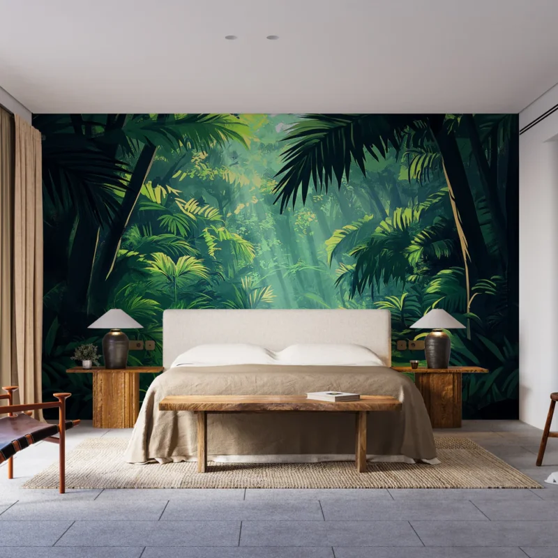Papier peint jungle verdoyante Sentier lumineux au cœur d‘une forêt tropicale Offre Du Jour