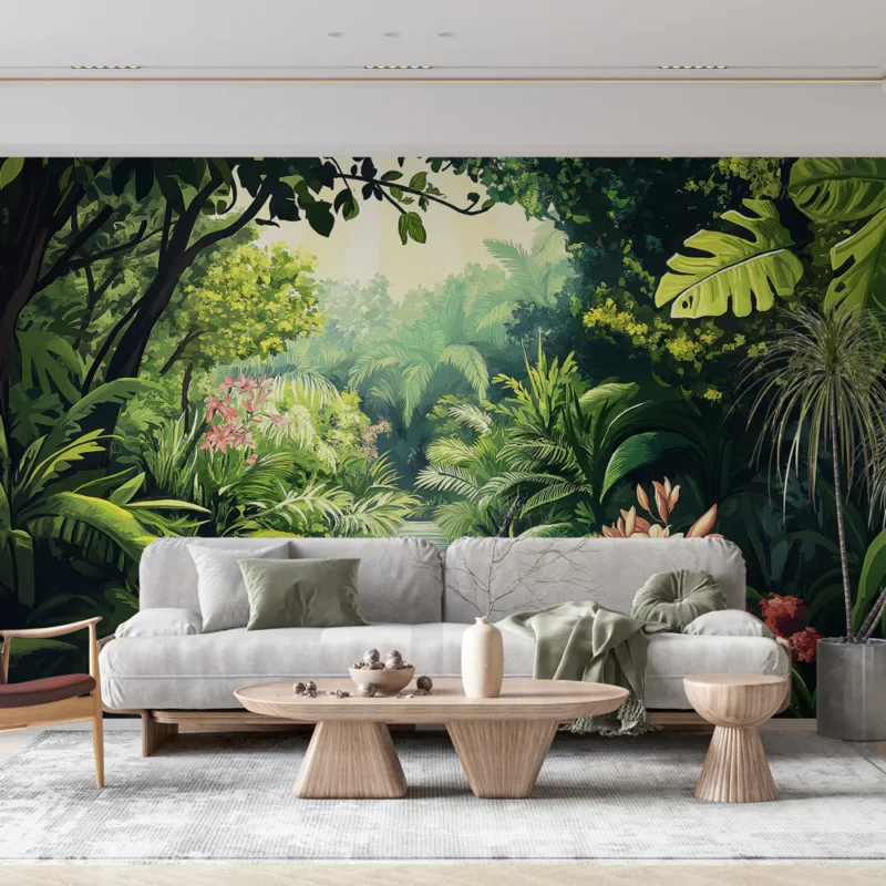 Papier peint jungle tropicale Un paysage luxuriant avec des feuilles et des fleurs colorées Petit Prix