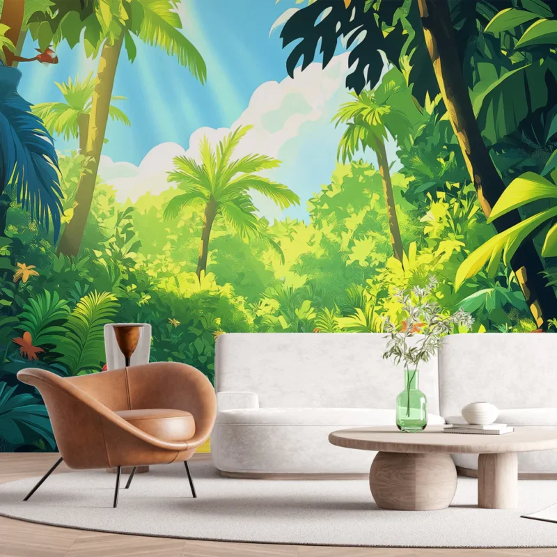Papier peint jungle tropicale Chemin en pleine verdure avec fleurs colorées Super Prix