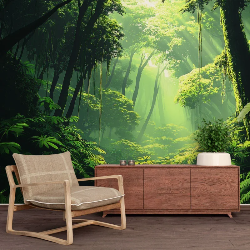 Affaire À Saisir Papier peint jungle Forêt tropicale verdoyante avec lumière filtrante