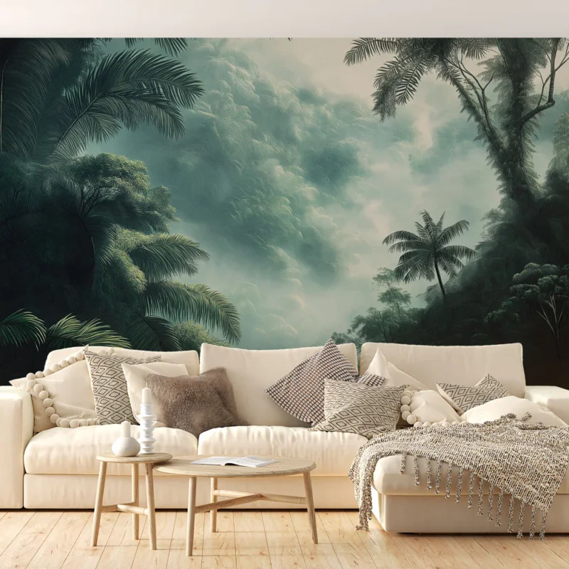 Papier peint jungle Paysage de jungle verdoyant et brumeux Vente Directe