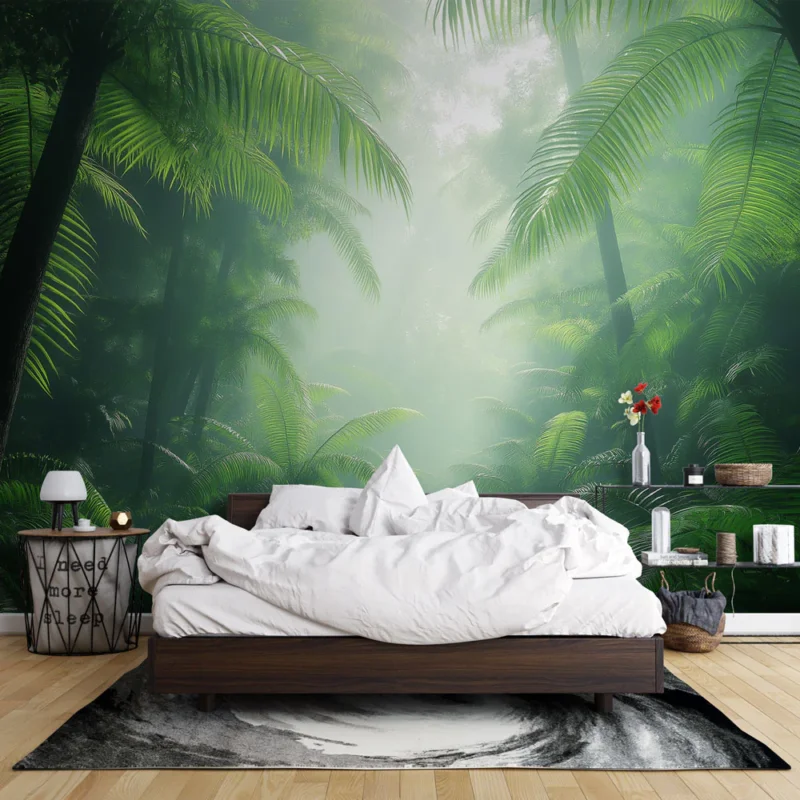 Papier peint forêt tropicale Fougères luxuriantes au cœur de la brume Prix Réduit