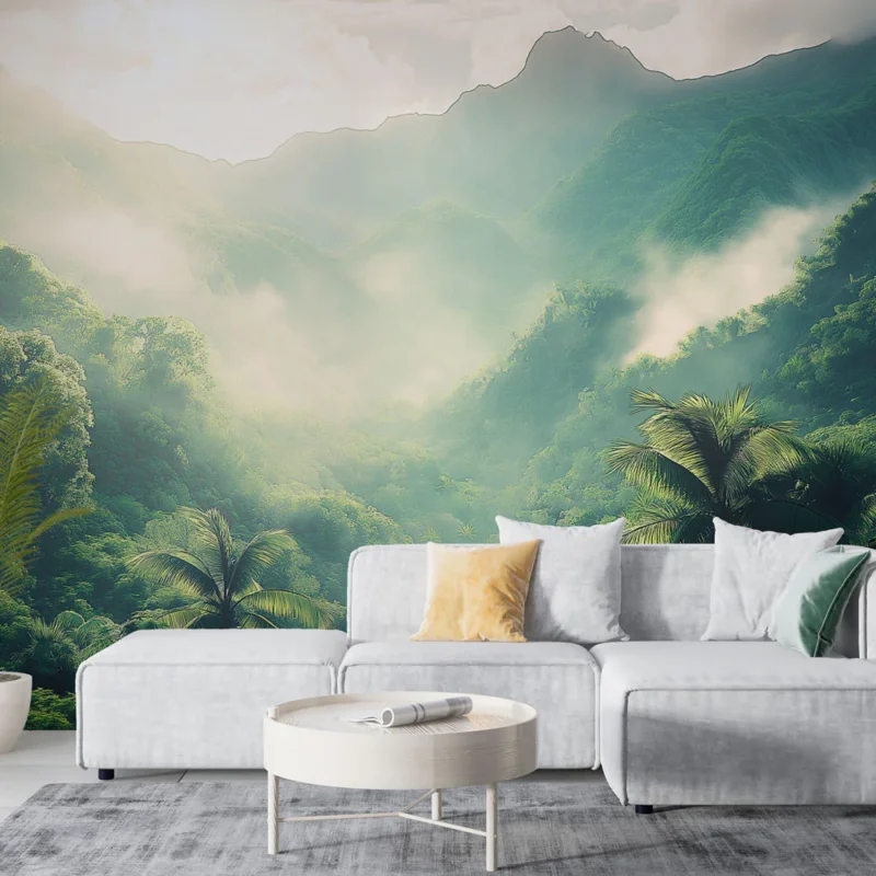 Papier peint jungle Forêt luxuriante et montagnes brumeuses Commander Maintenant