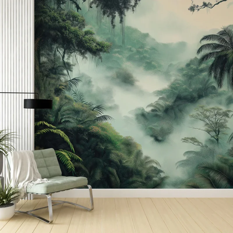 Papier peint jungle Paysage de jungle brumeuse avec palmiers Achat Immédiat