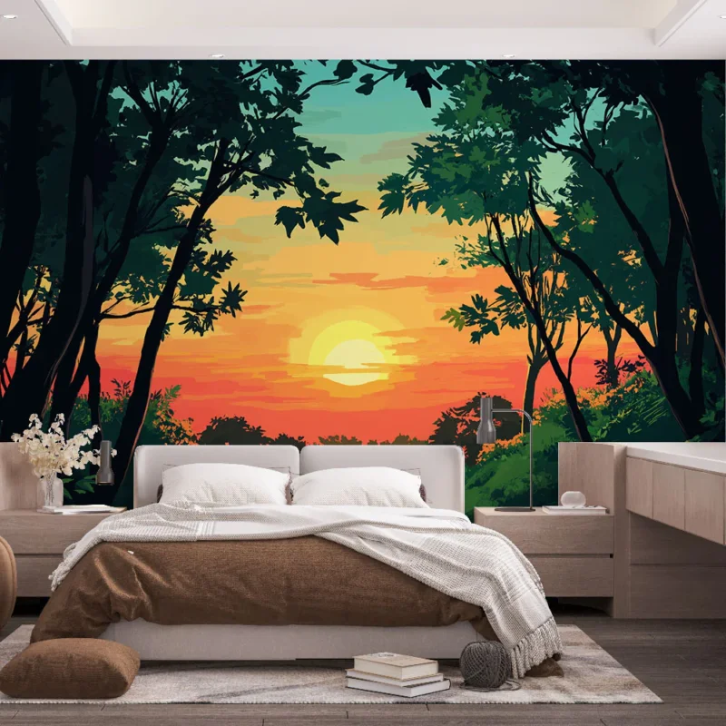 Papier peint forêt au coucher de soleil Scène vibrante d‘une forêt avec un coucher de soleil coloré Affaire À Saisir