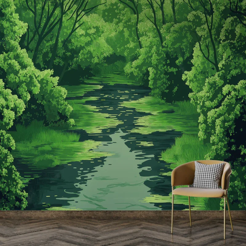 Nouvel Arrivage Papier peint nature Rivière verdoyante entourée de feuillage luxuriant