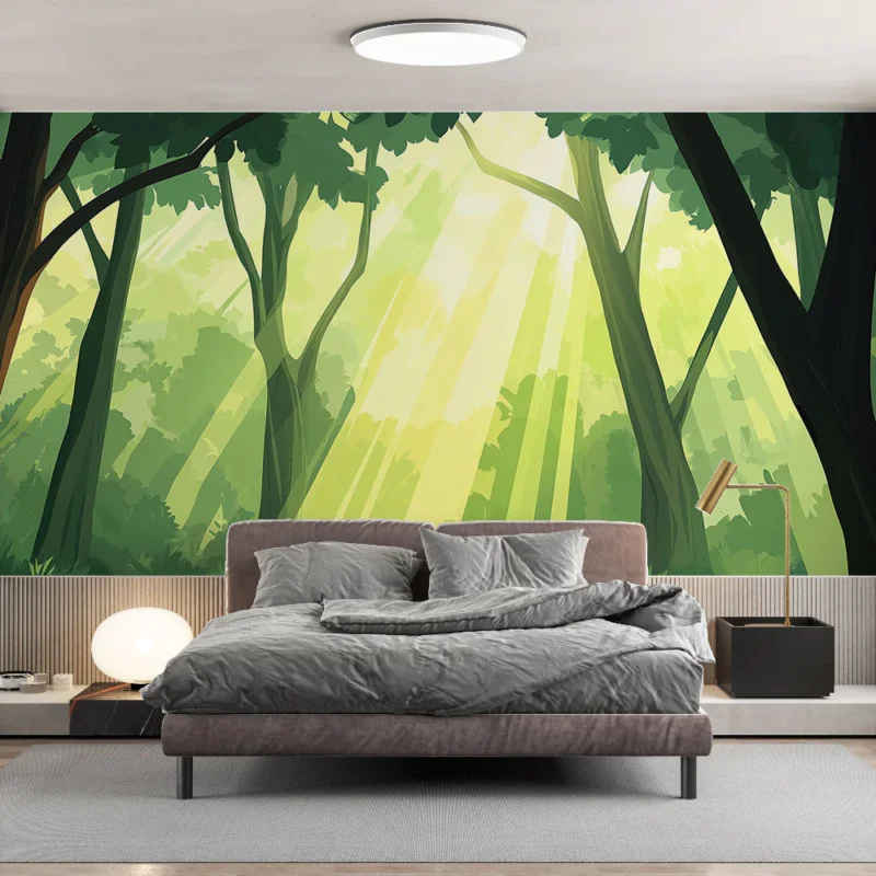 Papier peint forêt lumineuse Une représentation graphique d‘une forêt baignée de lumière Vente Directe