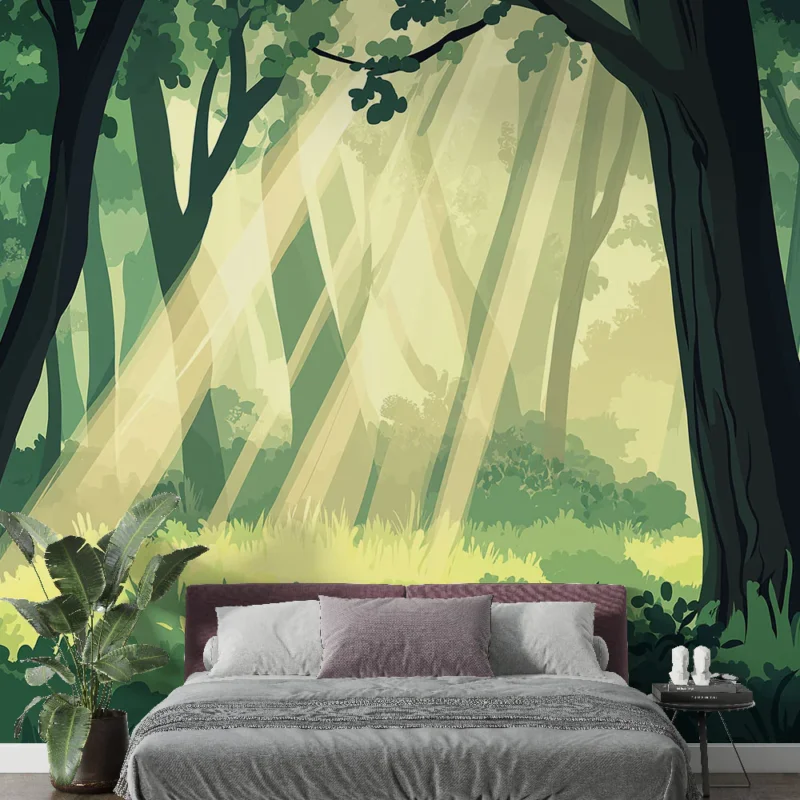 Papier peint forêt mystique Rayons de lumière dans une forêt verdoyante Soldes