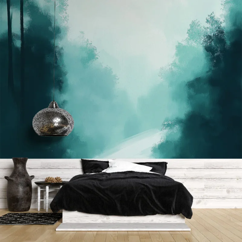 Achetez Aujourd'hui Papier peint forêt nuageuse Ambiance apaisante avec des nuances de vert et de bleu
