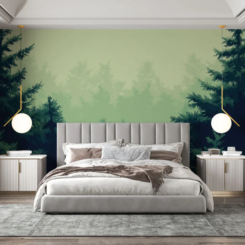 Achat Immédiat Papier peint forêt brumeuse Conception apaisante de pins dans une atmosphère éthérée