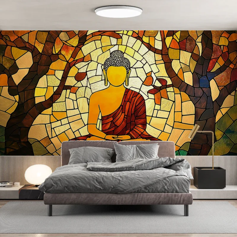 Authentique Papier peint Bouddha Vitrail coloré représentant un Bouddha méditatif