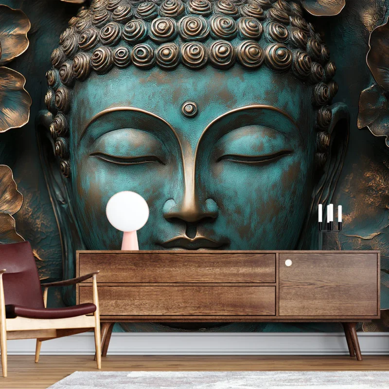 Achetez Aujourd'hui Papier peint Bouddha Relief en métal avec fleurs dorées