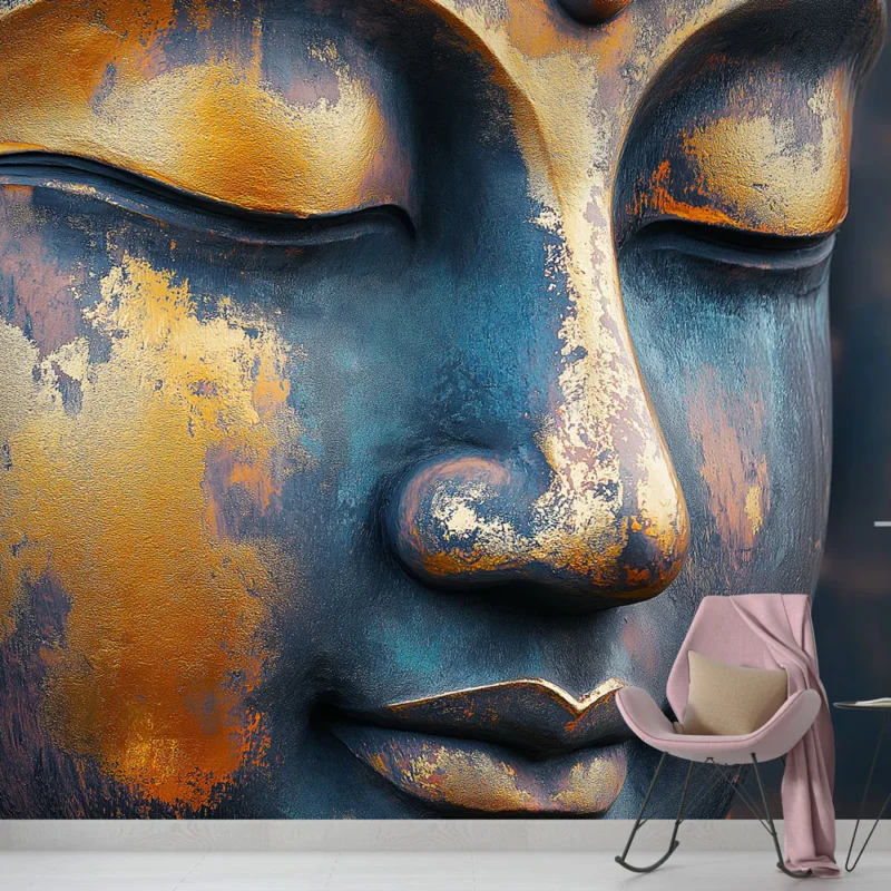 Papier peint Bouddha Papier peint en métal avec finition dorée et bleue Soldes