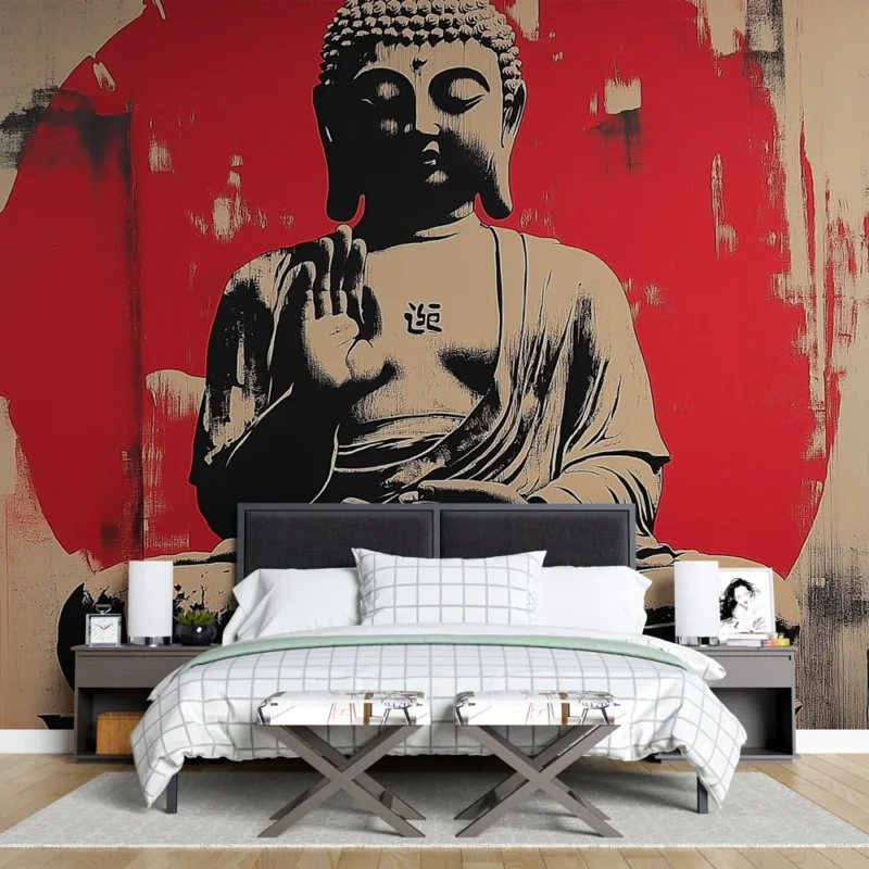 Papier peint Bouddha Bouddha avec une palette rouge et neutre Affaire À Saisir