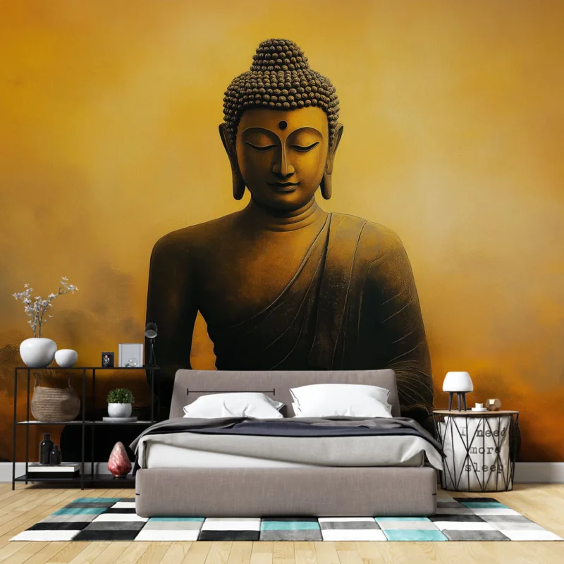 Papier peint Bouddha Bouddha serein sur fond doré et montagneux Super Prix
