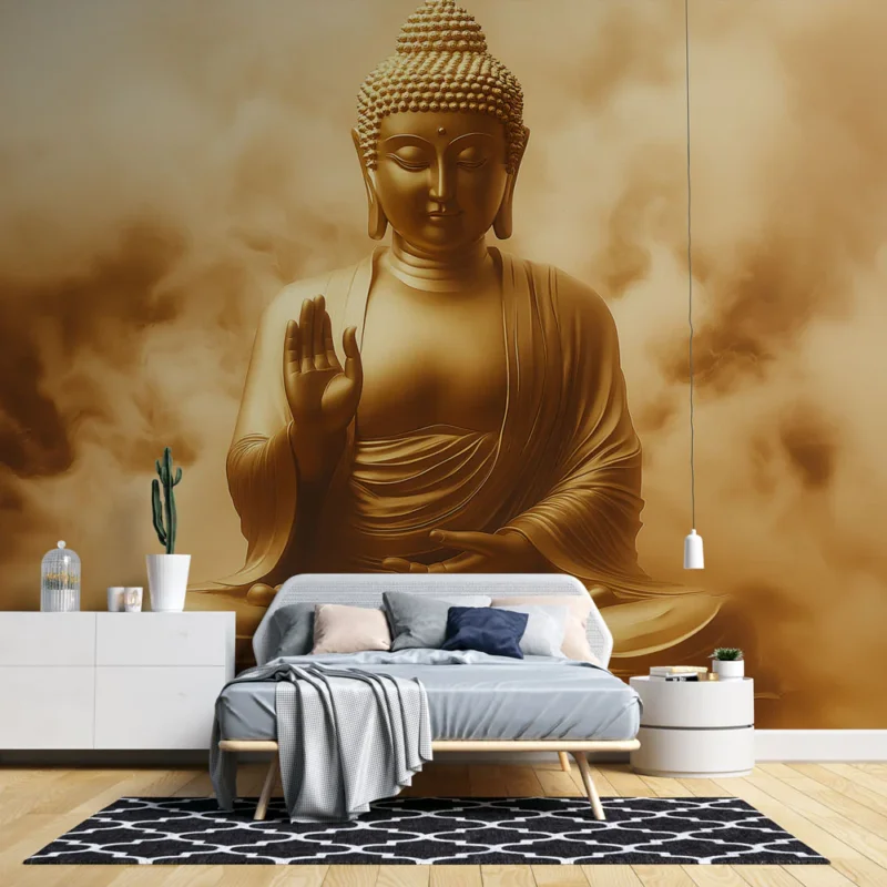 Papier peint Bouddha doré Bouddha serein entouré de nuances dorées et nuageuses Réduction