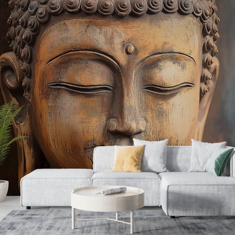 Papier peint Bouddha en bois Visage serein en relief avec détails sculptés Marque