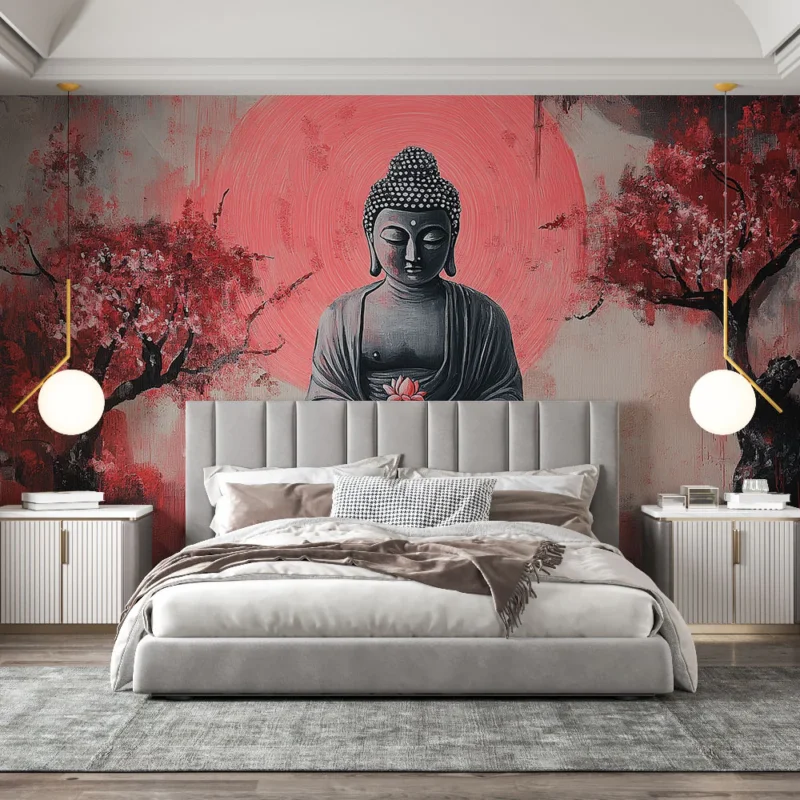 Papier peint Bouddha Scène apaisante avec Bouddha et cerisiers en fleurs Pas Cher