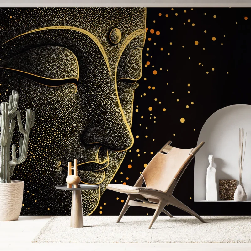 Livraison Express Papier peint bouddha Visage de bouddha stylisé en pointillé doré sur fond noir