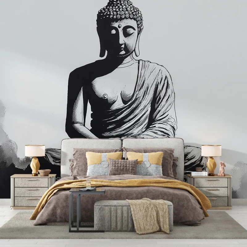 Meilleure Vente Papier peint Bouddha Illustration monochrome d‘une statue de Bouddha en méditation