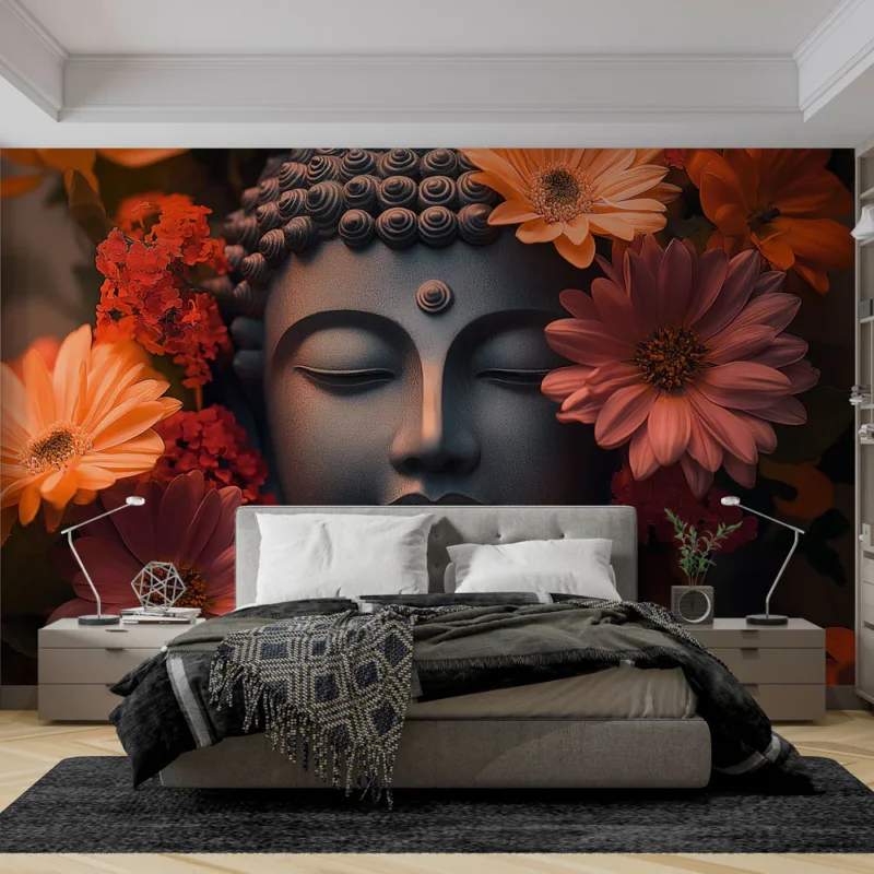 Papier peint Bouddha floral Papier peint Bouddha entourée de fleurs vibrantes Offre Exclusive