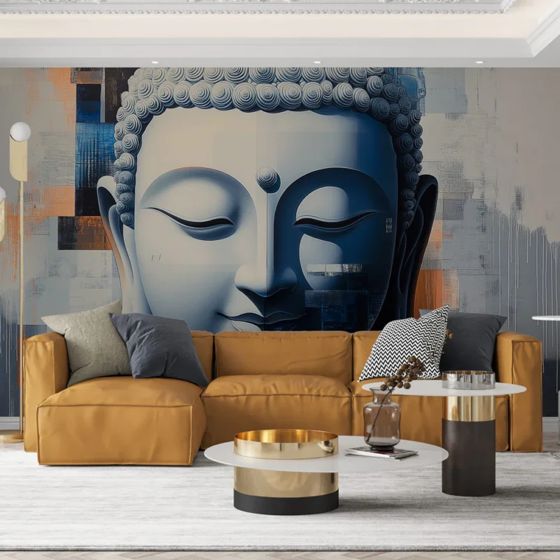 Papier peint Bouddha Visage de Bouddha en nuances de bleu et touches d‘orange Vente Flash