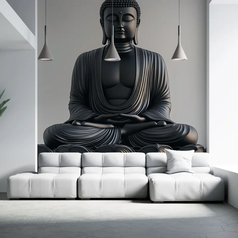 Papier peint Bouddha noire Élégante sculpture en méditation sur un lotus Prix Promo
