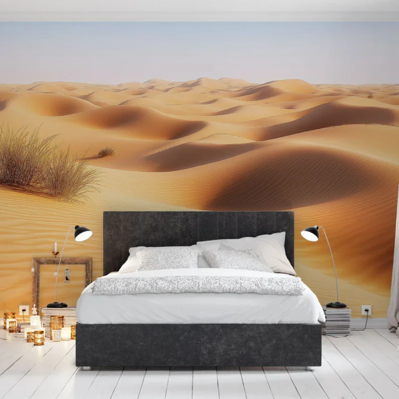 Papier peint désert sablonneux Dunes dorées et végétation délicate Vente Flash