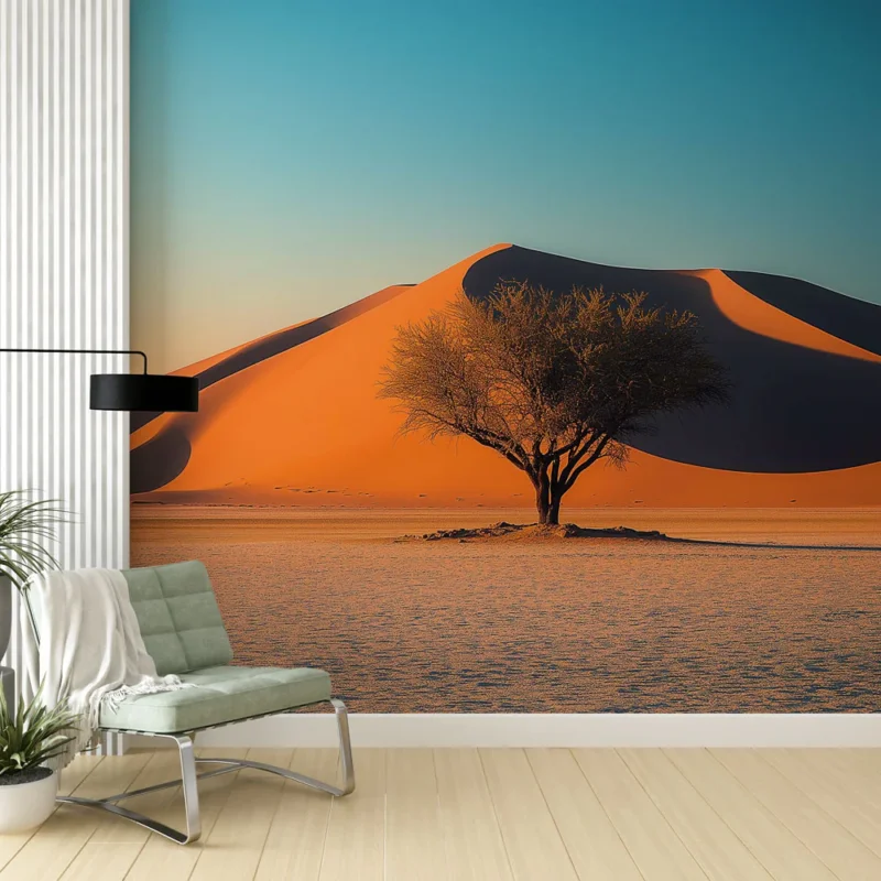 Papier peint désert doré Dunes de sable et arbre solitaire au coucher de soleil Bon Plan