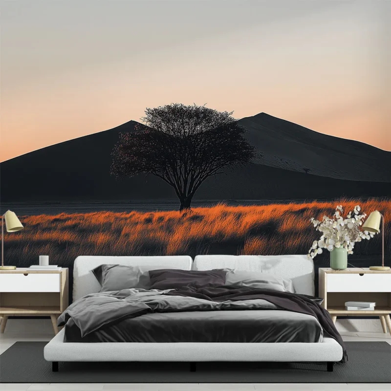 Offre Limitée Papier peint paysage désertique Silhouettes d‘un arbre et dunes au coucher de soleil