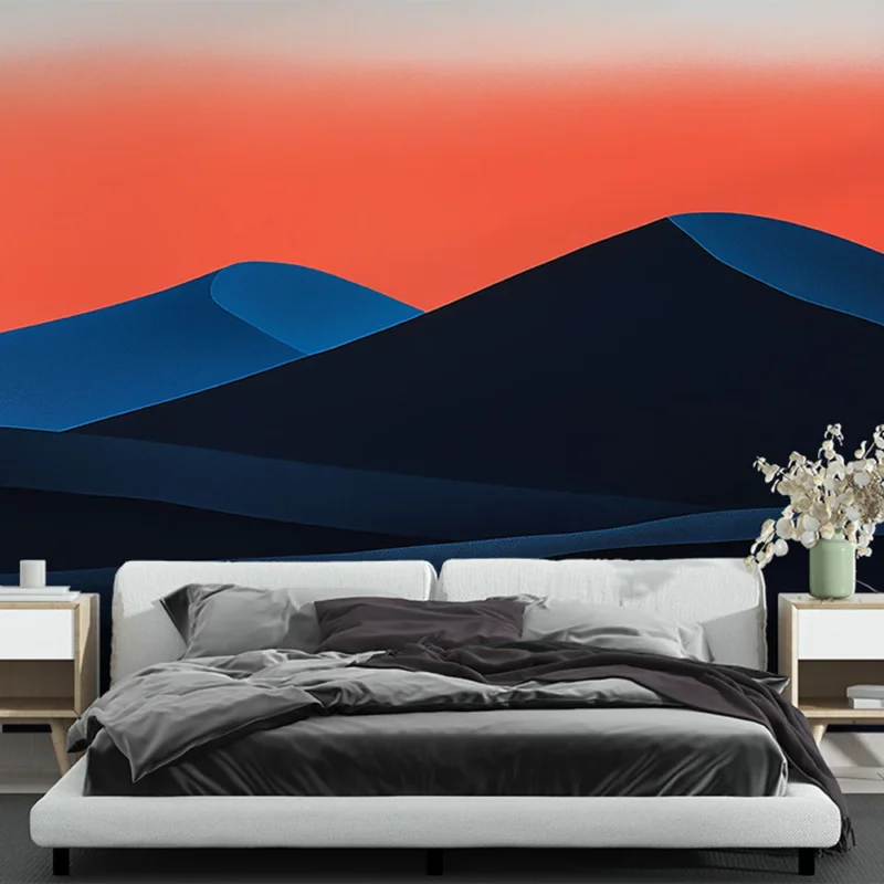 Livraison Express Papier peint paysage abstrait Contours de montagnes dans des nuances de bleu et de rouge