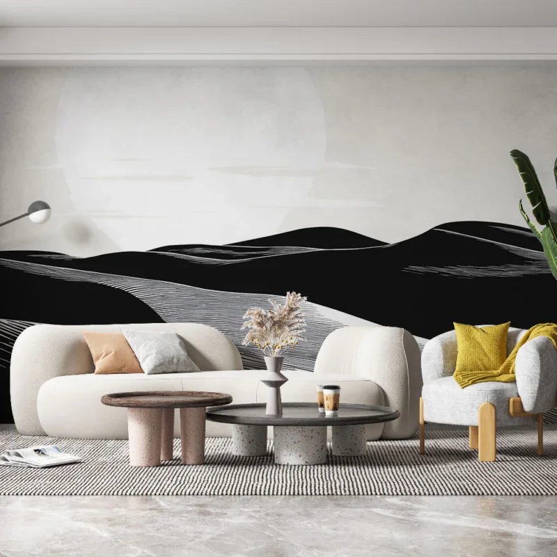 Offre Du Jour Papier peint dunes Ondulations et soleil abstrait en noir et blanc