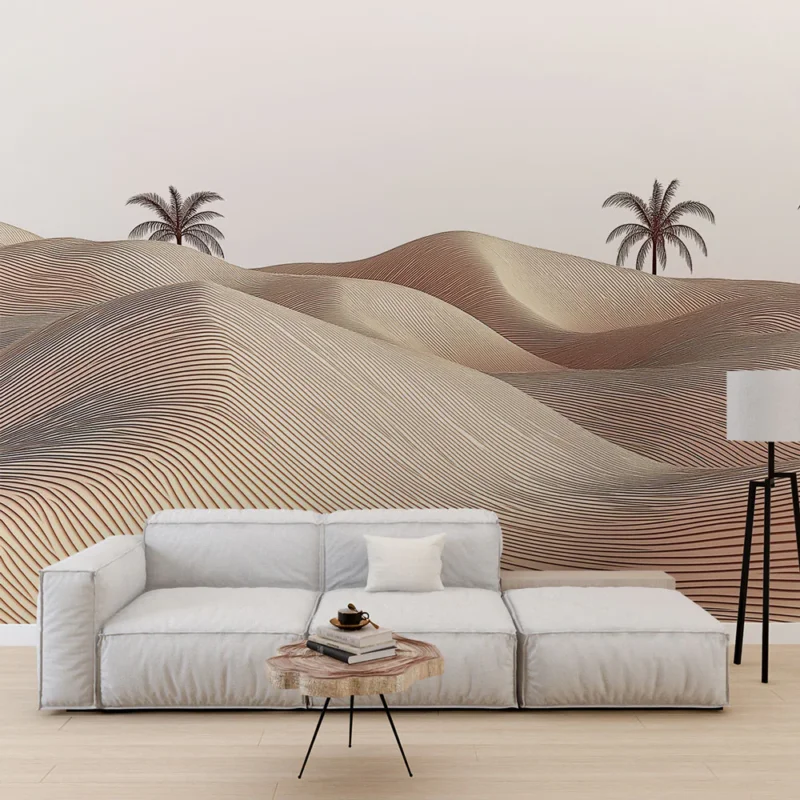 Papier peint dunes de sable Motif abstrait de dunes de sable avec palmiers Offre Spéciale