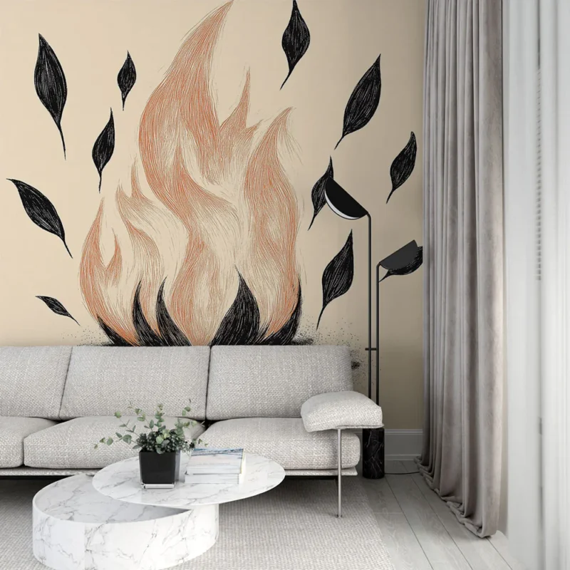 Dernière Chance Papier peint flamme et feuillage Design artistique de flammes avec des feuilles stylisées