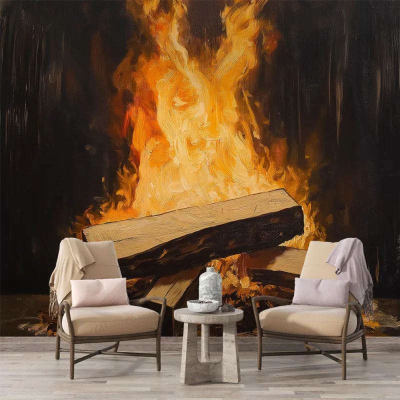 Papier peint flammes Illustration vibrante d‘un feu de bois ardent Pas Cher