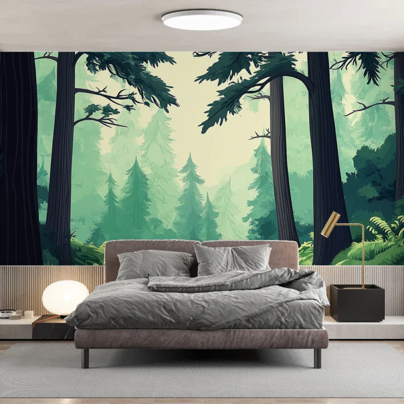 Achat Immédiat Papier peint forêt verdoyante Chemin apaisant à travers les arbres majestueux