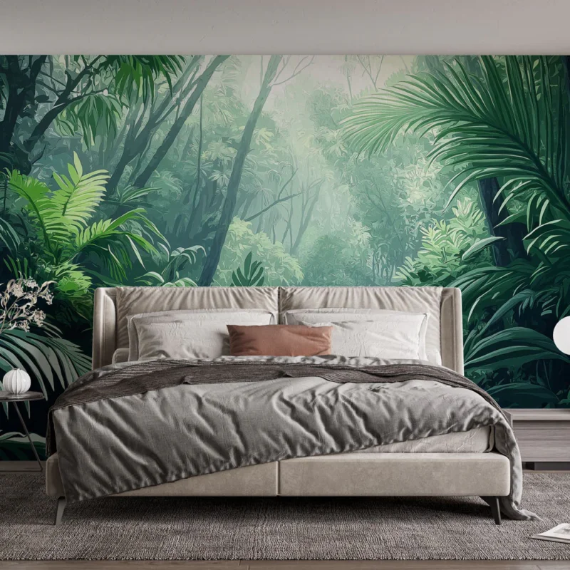 Papier peint jungle Densité luxuriante et lumière douce à travers les feuillages Remise
