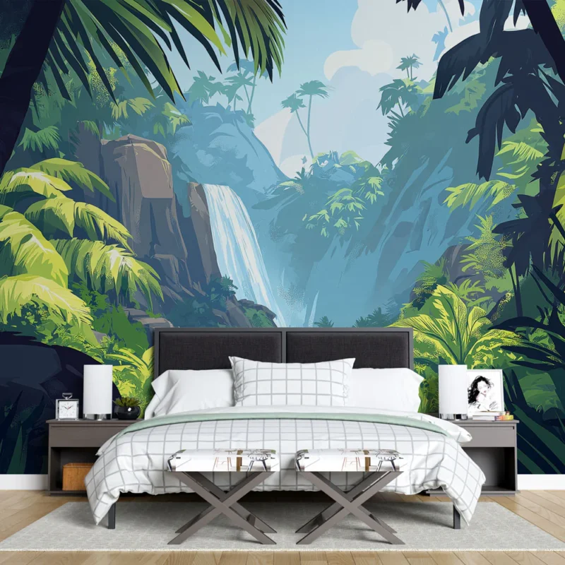 Papier peint jungle paysages luxuriants avec cascade et végétation tropicale Top Vente