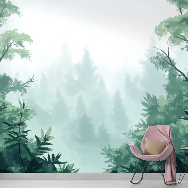 Papier peint forêt brumeuse Arbres verdoyants et ambiance sereine Usine Directe