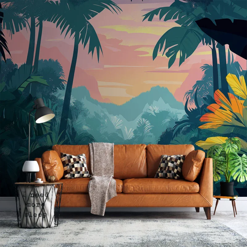 Papier peint jungle colorée Rivière magique entourée de feuillage luxuriant Offre Exclusive