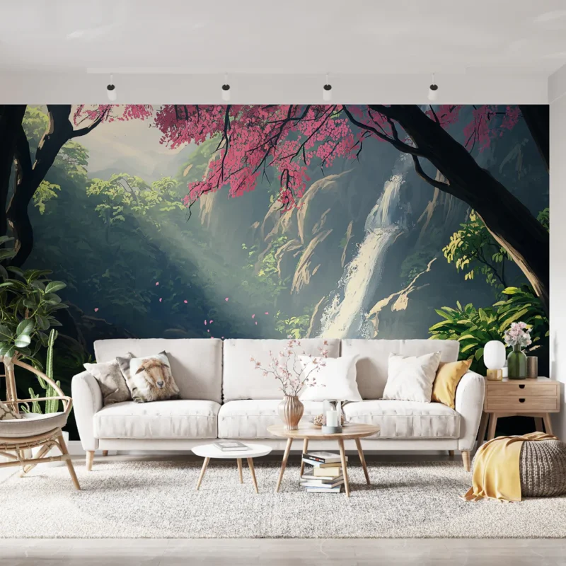 Papier peint cascade Scène de montagne avec cascade et fleurs éclatantes Prix Choc
