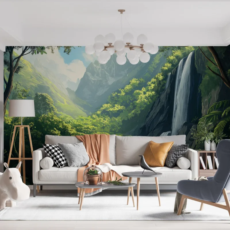 Must-Have Papier peint cascade Paysage luxuriant avec cascade et montagnes
