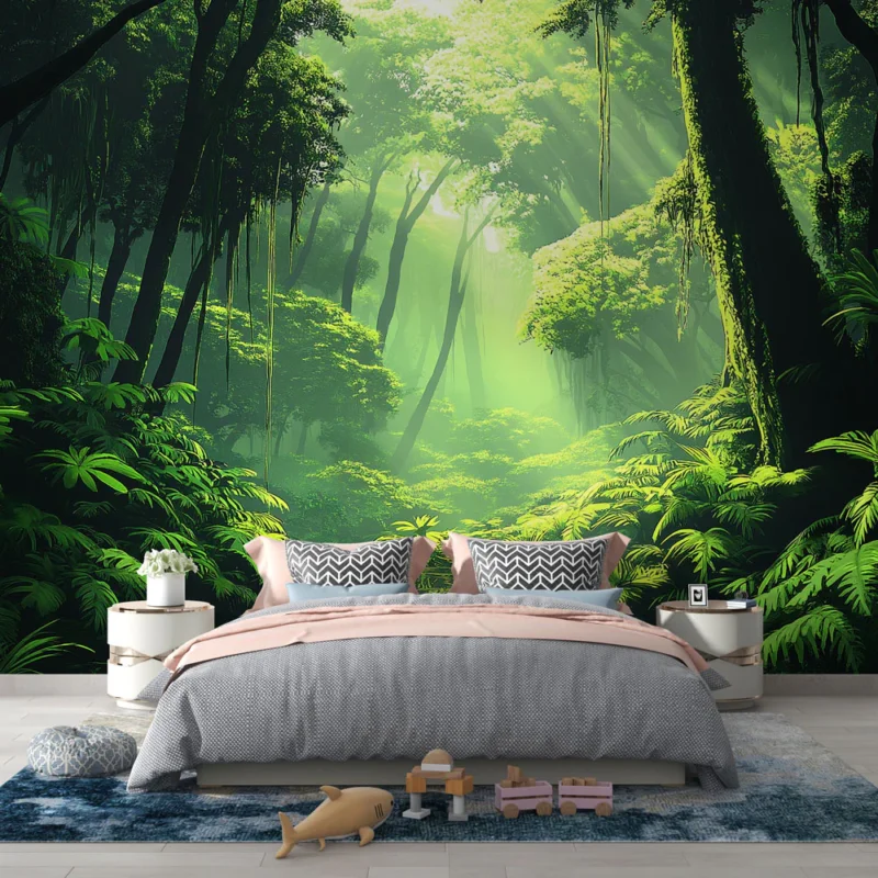 Offre Limitée Papier peint jungle Forêt luxuriante avec lumière douce et reflet aquatique
