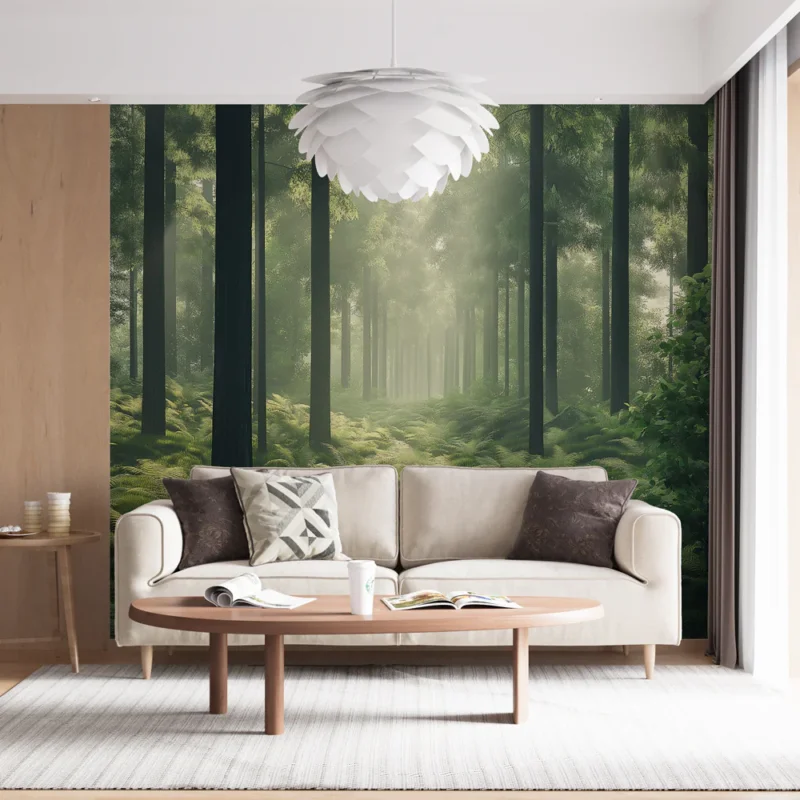 Bon Plan Papier peint forêt verdoyante Un sous-bois lumineux avec fougères et arbres majestueux