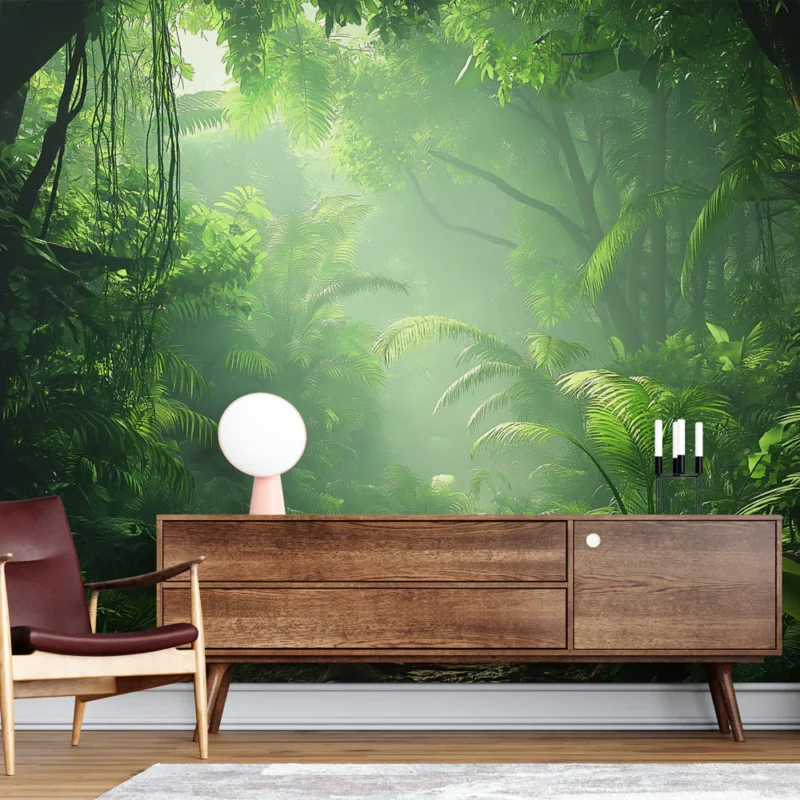 Papier peint jungle Décor tropical luxuriant avec feuillage et lumière douce Prix Bas