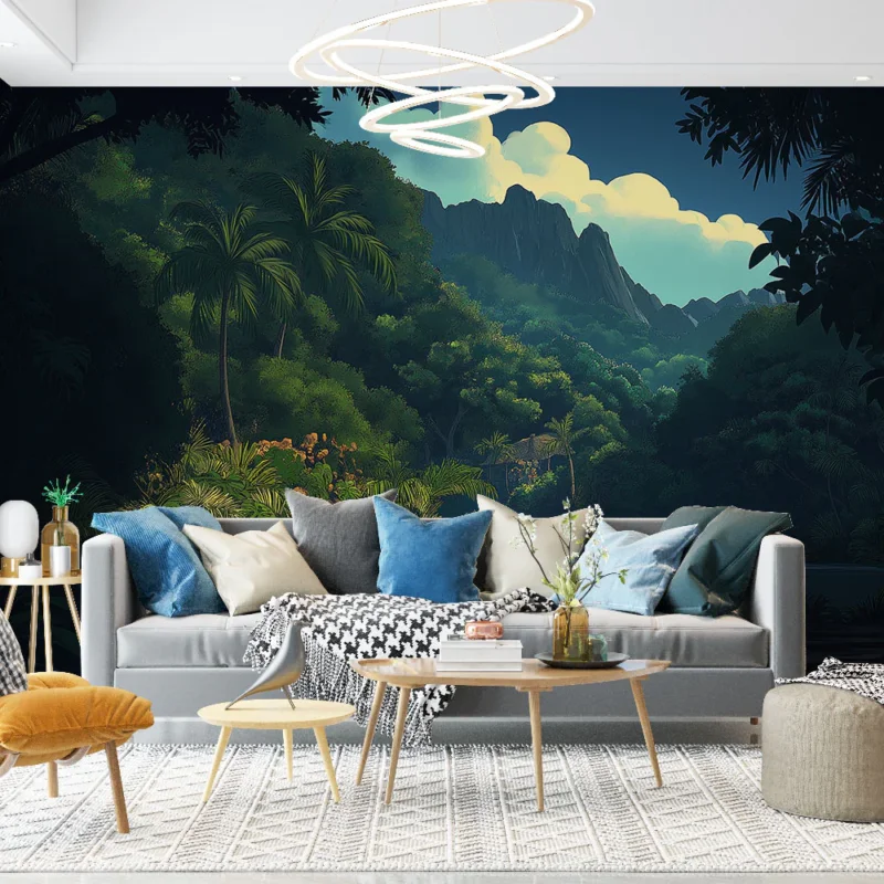 Bon Plan Papier peint paysage tropical Rivière paisible au milieu de la jungle luxuriante
