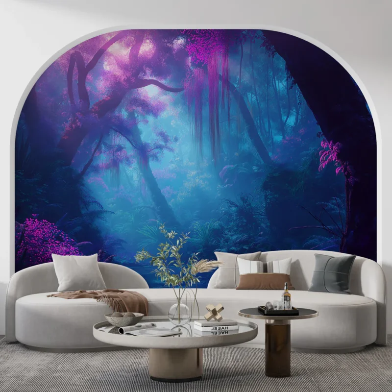 Bon Plan Papier peint jungle mystique Paysage tropical avec lumière violette et bleue