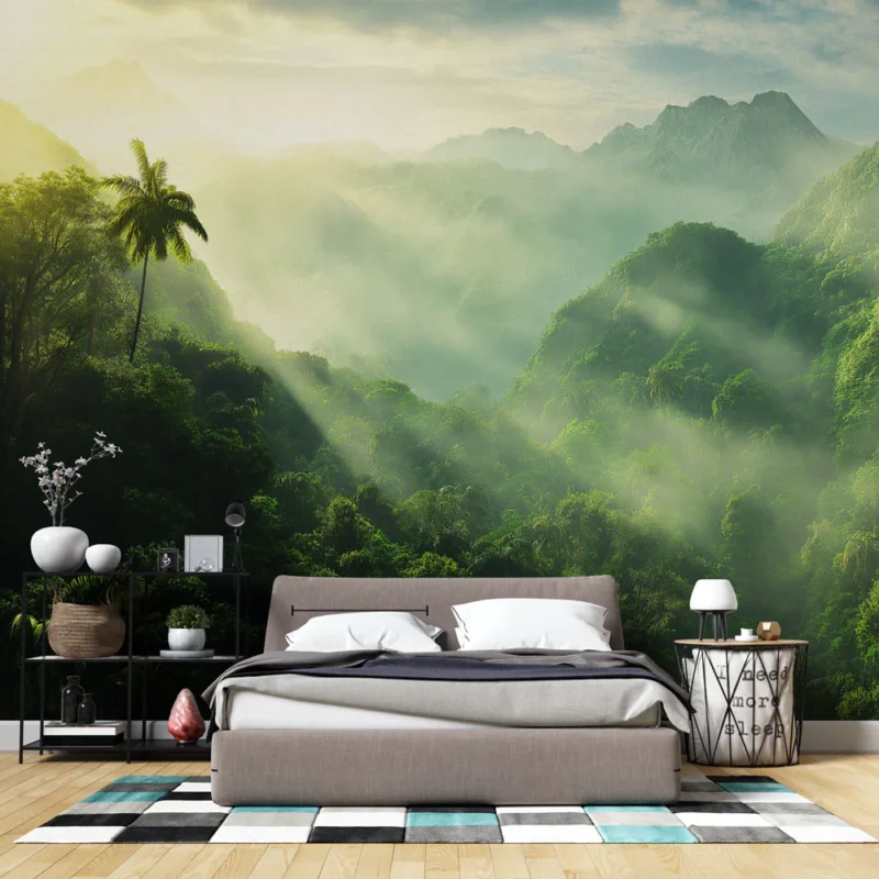 Offre Du Jour Papier peint jungle Paysage verdoyant et apaisant des montagnes brumeuses
