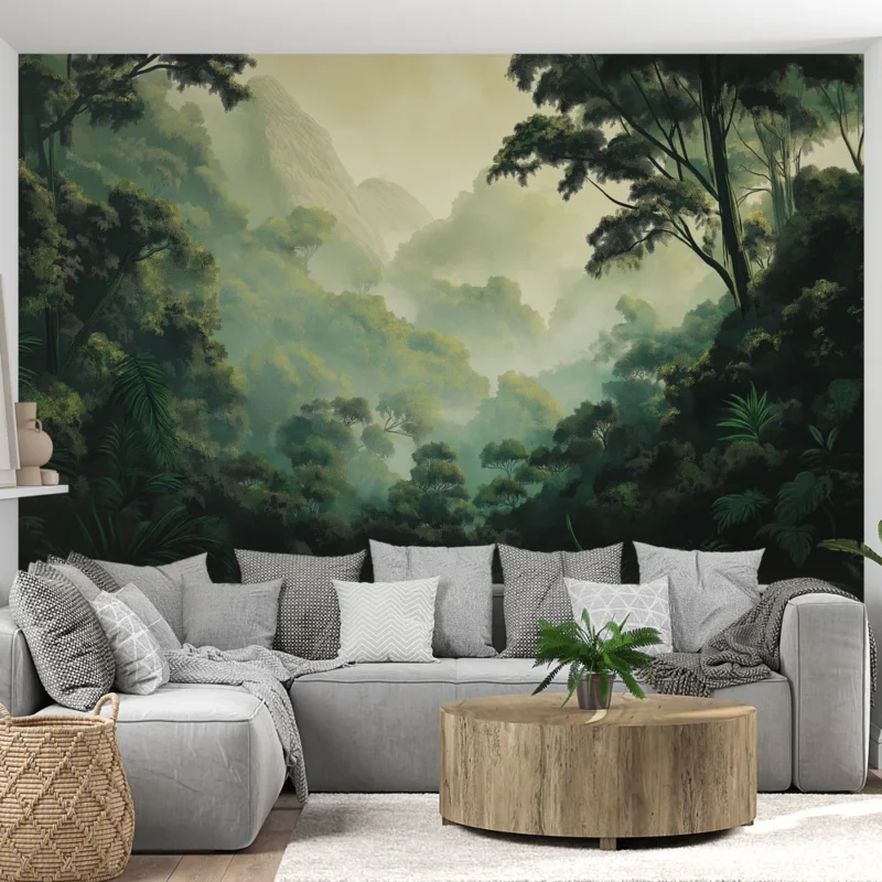 Meilleur Choix Papier peint jungle Paysage luxuriant de la forêt tropicale avec brume subtile