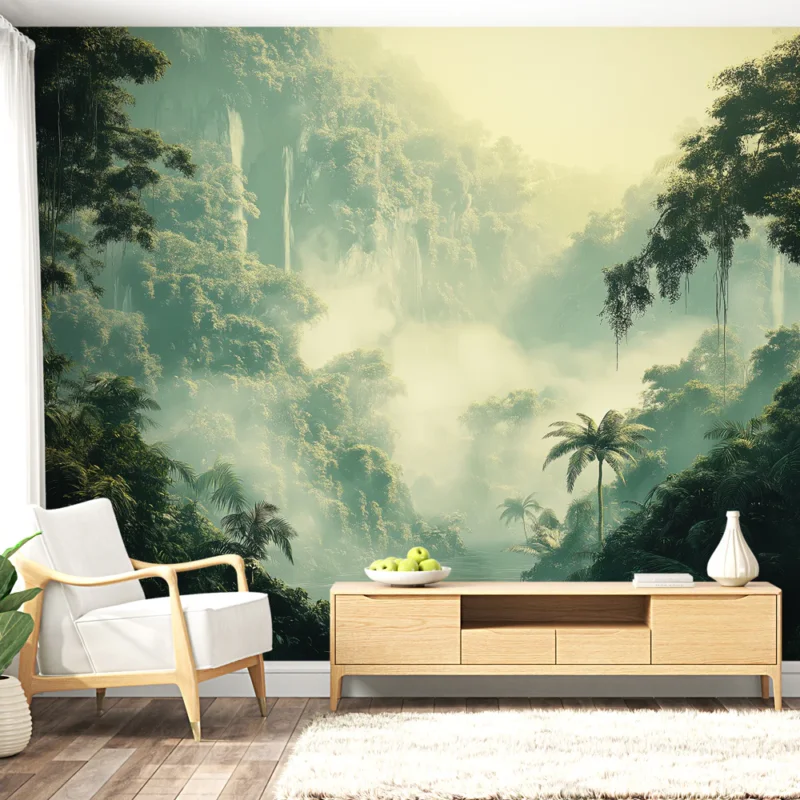 Papier peint jungle Un paysage tropical mystique avec palmiers et brume Top Vente